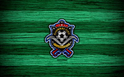 Chennai City FC, 4k, logo, I-League, soccer, India, football club, Chennai City, wooden texture, FC Chennai City