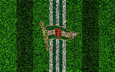 Lechia Gdansk, 4k, logo, football lawn, Polish football club, green grass texture, green white lines, Ekstraklasa, Gdansk, Poland, football, art