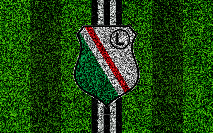 Legia Warszawa, 4k, logo, football lawn, Polish football club, green grass texture, black and white lines, Ekstraklasa, Warsaw, Poland, football, art, Legia FC