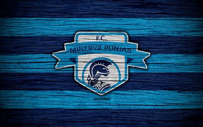 Minerva Pencap FC, 4k, logo, Lig, futbol, Hindistan, Futbol Kul&#252;b&#252;, Minerva Punjab, ahşap doku, FC Minerva Pencap