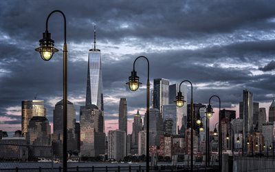 ニューヨーク, 自由タワー, 1世界貿易センター, 高層ビル群, 夜, 町並み, 曇り, 米国, リバティパーク