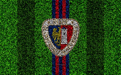 Piast Gliwice, 4k, logo, football lawn, Polish football club, green grass texture, blue red lines, Ekstraklasa, Gliwice, Poland, football, art