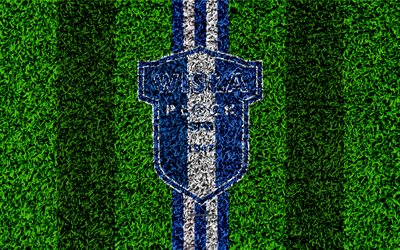 Wisla Plock FC, 4k, logo, jalkapallo nurmikko, Puolan football club, vihre&#228; ruoho rakenne, blue white lines, Ekstraklasa, Plock, Puola, jalkapallo, art