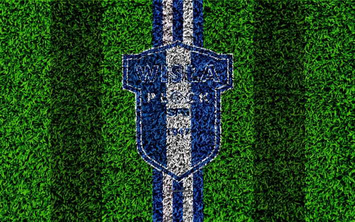 Wisla Plock FC, 4k, logotipo, f&#250;tbol de c&#233;sped, polaco club de f&#250;tbol de hierba verde textura, azul, blanco, l&#237;neas, Ekstraklasa, Plock, Polonia, f&#250;tbol, arte