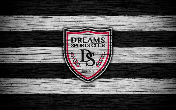 Dreams FC, 4k, logo, Hong Kong Premier League, soccer, football club, Asia, Hong Kong, Dreams, wooden texture, FC Dreams