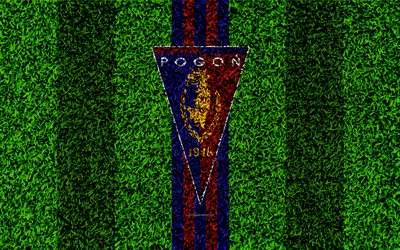 Pogon Szczecin FC, 4k, logo, football lawn, Polish football club, green grass texture, blue red lines, Ekstraklasa, Szczecin, Poland, football, art