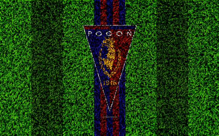 Pogon Szczecin FC, 4k, logo, calcio prato, polacco football club, texture, verde, erba, blu, rosso, linee, Ekstraklasa, Stettino, Polonia, calcio, arte