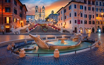 Spanish Steps, Fontana della Barcaccia, Piazza di Spagna, Rome, Italy, evening, sights, interesting places, Church of Trinit&#224; dei Monti