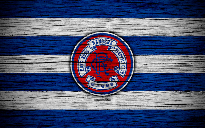O Rangers FC, 4k, logo, Hong Kong Premier League, futebol, clube de futebol, &#193;sia, Hong Kong, Rangers, textura de madeira, Rangers FC