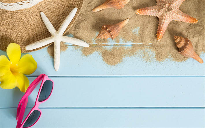 accessori da spiaggia, sabbia, estivo, stella di mare, cappello, occhiali da sole