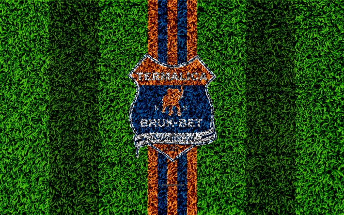 Bruk-Bet Termalica Nieciecza, 4k, logo, football lawn, Polish football club, green grass texture, blue orange lines, Ekstraklasa, Neccea, Poland, football, art, Termalica B-B