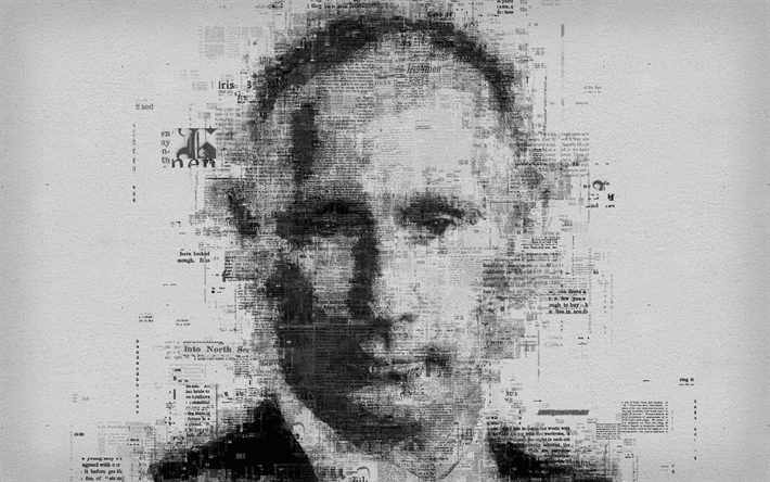 Vladimir Putin, 4k, Russian President, portrait, face, creative art portrait, newspaper art, Russian politician, Russian Federation