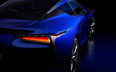 Lexus LC, 2018, Estructurales Azul, 500h, vista posterior, azul coup&#233; deportivo, coche deportivo de lujo, azul LC, los coches Japoneses, Lexus