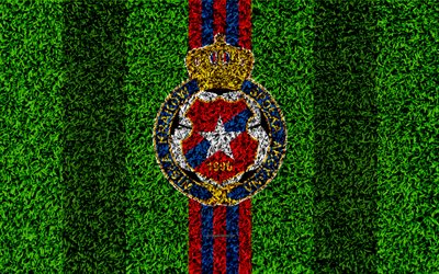 Wisla Krakow, 4k, logo, football lawn, Polish football club, green grass texture, blue red lines, Ekstraklasa, Krakow, Poland, football, art