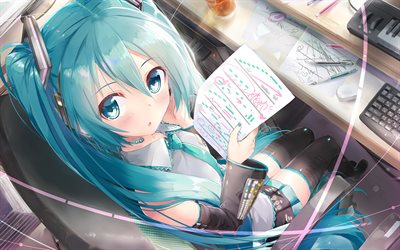 Hatsune Miku, Vocaloid, datorn, bl&#229;tt h&#229;r, manga, anime karakt&#228;rer