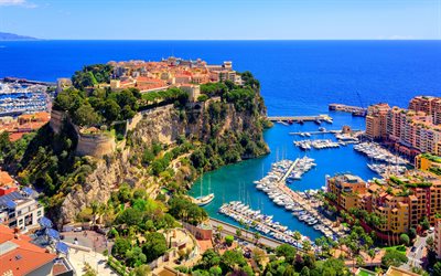 Monaco, Monte Carlo, summer, yachts, boats, bay, Mediterranean Sea, rocks, horizon, seascape