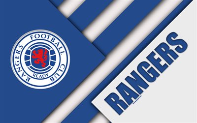 Rangers FC, 4k, malzeme tasarım, İsko&#231; Futbol Kul&#252;b&#252;, logo, mavi beyaz soyutlama, İsko&#231; Premiership, Glasgow, İsko&#231;ya, futbol