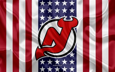Devils de nueva Jersey, 4k, logotipo, emblema, de seda, de textura, de la bandera Americana, American hockey club, NHL, Newark, Nueva Jersey, estados UNIDOS, Liga Nacional de Hockey, hockey sobre hielo, bandera de seda