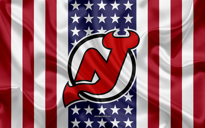 new jersey devils, 4k, logo, emblem, seide textur, amerikanische flagge, amerikanische eishockey-club, nhl, newark, new jersey, usa, national hockey league, eishockey, seide flagge