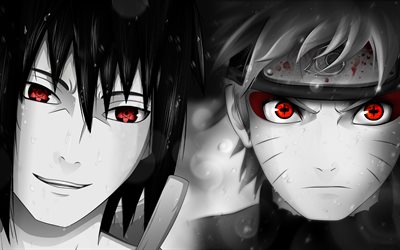 Naruto Uzumaki, Sasuke Uchiha, close-up, caras, com os olhos vermelhos, ninja, Sharingan, mang&#225;, Naruto