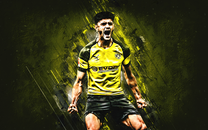 Mahmoud Dahoud, sarı taş, Borussia Dortmund FC, Alman futbolcular, BVB, futbol, Dahoud, Bundesliga, grunge, Almanya