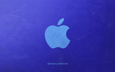Apple, ロゴ, 青色のレトロな背景, 青リンゴロゴ, レトロスタイル, 【クリエイティブ-アート, 青リンゴの美術