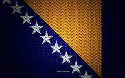 Avrupa &#252;lkeleri Bosna-Hersek bayrağı, 4k, yaratıcı sanat, metal mesh dokusu, Bosna-Hersek bayrak, ulusal sembol, Bosna-Hersek, Avrupa, bayraklar