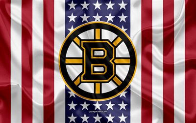 Boston Bruins, 4k, logo, emblem, silk texture, American flag, American hockey club, NHL, Boston, Massachusetts, USA, National Hockey League, ice hockey, silk flag