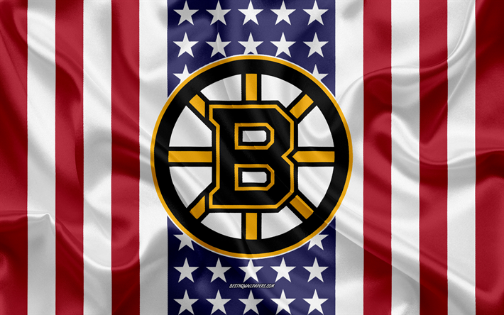 Boston Bruins, 4k, logo, tunnus, silkki tekstuuri, Amerikan lippu, American hockey club, NHL, Boston, Massachusetts, USA, National Hockey League, ice hockey, silkki lippu