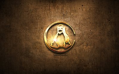 Linux golden logo, creative, OS, brown metal background, Linux logo, brands, Linux