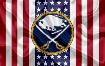 Buffalo Sabres, 4k, logo, amblem, ipek doku, Amerikan bayrağı, Amerikan hokey kul&#252;b&#252;, NHL, Buffalo, New York, ABD Ulusal Hokey Ligi, Hokey, ipek bayrak