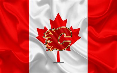Calgary Flames, 4k, logotipo, emblema, de seda textura, bandera Canadiense, Canad&#225; hockey club, NHL, Calgary, Alberta, Canad&#225;, estados UNIDOS, Liga Nacional de Hockey, Hockey, bandera de seda