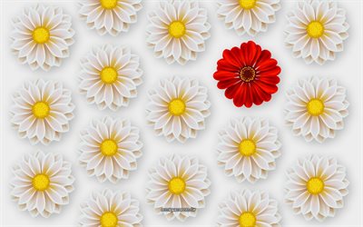 Be different, white flowers, red flower, flower, be different art, creative art, be different concepts