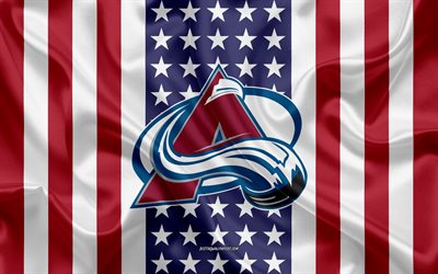 Colorado Avalanche, 4k, logotipo, emblema, de seda, de textura, de la bandera Americana, American hockey club, NHL, Denver, Colorado, estados UNIDOS, Liga Nacional de Hockey, hockey sobre hielo, bandera de seda