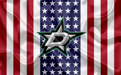 Dallas Stars, 4k, logo, emblem, silk texture, American flag, American hockey club, NHL, Dallas, Texas, USA, National Hockey League, ice hockey, silk flag