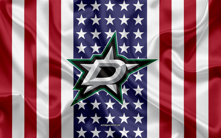 Stars de Dallas, 4k, le logo, l&#39;embl&#232;me, la texture de la soie, American flag, American club de hockey, NHL, Dallas, Texas, &#233;tats-unis, la Ligue Nationale de Hockey, hockey sur glace, le drapeau de soie