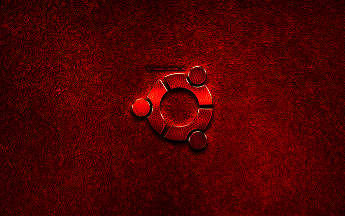 Ubuntu, logo, red stone background, POSTERIORE, creative, brands, Ubuntu logo 3D, illustrazione, red metal logo