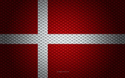 フラグのデンマーク, 4k, 【クリエイティブ-アート, 金属メッシュの質感, デンマークフラグ, 国立シンボル, デンマーク, 欧州, 旗の欧州諸国