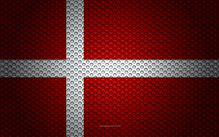 Lippu Tanska, 4k, creative art, metalli mesh rakenne, Tanskan lippu, kansallinen symboli, Tanska, Euroopassa, liput Euroopan maiden