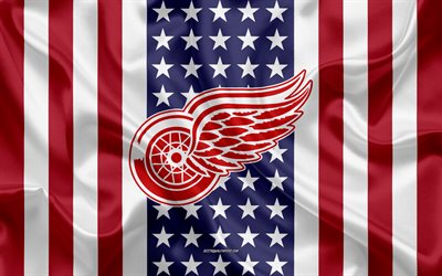 Detroit Red Wings, 4k, logo, emblem, silk texture, American flag, American hockey club, NHL, Detroit, Michigan, USA, National Hockey League, ice hockey, silk flag