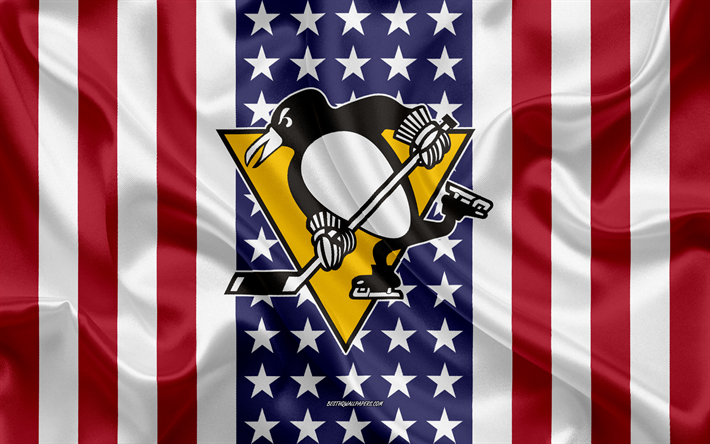 Les Penguins de Pittsburgh, 4k, le logo, l&#39;embl&#232;me, la texture de la soie, American flag, American club de hockey, NHL, Pittsburgh, Pennsylvanie, etats-unis, la Ligue Nationale de Hockey, hockey sur glace, le drapeau de soie