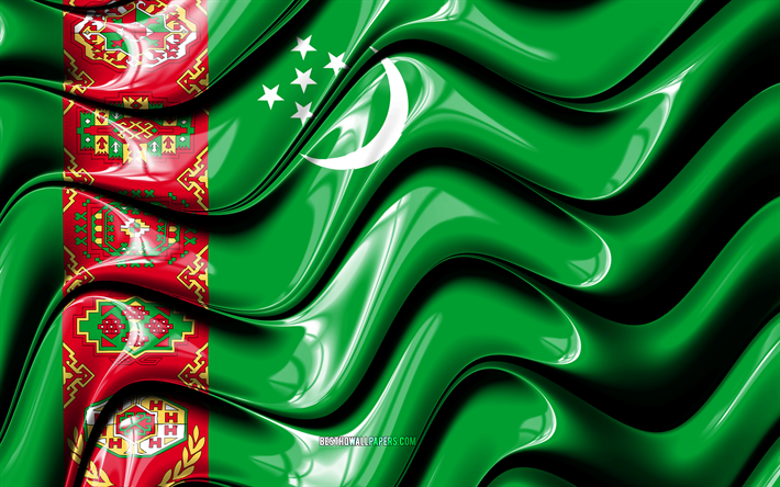 トゥルクメンのフラグ, 4k, アジア, 国立記号, 旗のトルクメニスタン, 3Dアート, トルクメニスタン, アジア諸国, トルクメニスタンの3Dフラグ