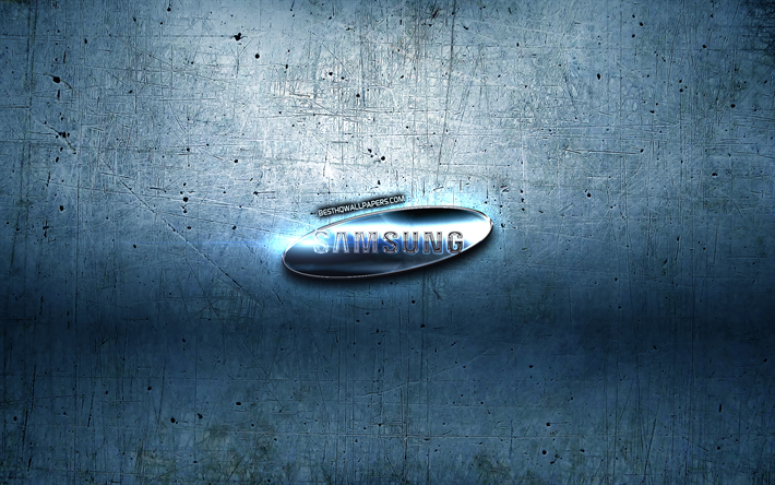 Samsung logo, blue metal background, creative, Samsung, brands, Samsung 3D logo, artwork, Samsung metal logo