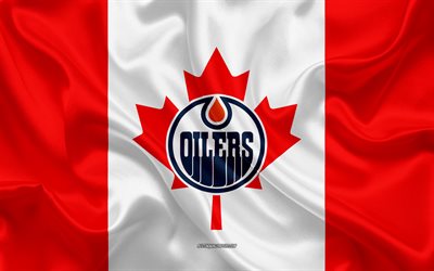 Edmonton Oilers, 4k, logo, tunnus, silkki tekstuuri, Kanadan lippu, Canada hockey club, NHL, Edmonton, Alberta, Kanada, USA, National Hockey League, J&#228;&#228;kiekko, silkki lippu