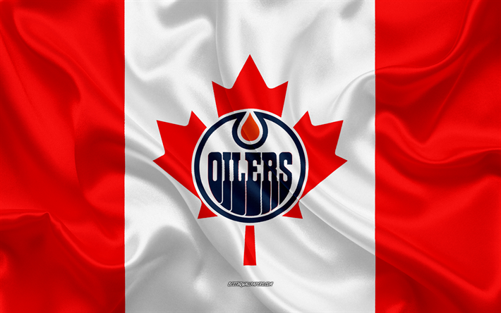 Edmonton Oilers, 4k, logo, emblem, silk texture, Canadian flag, Canada hockey club, NHL, Edmonton, Alberta, Canada, USA, National Hockey League, Hockey, silk flag