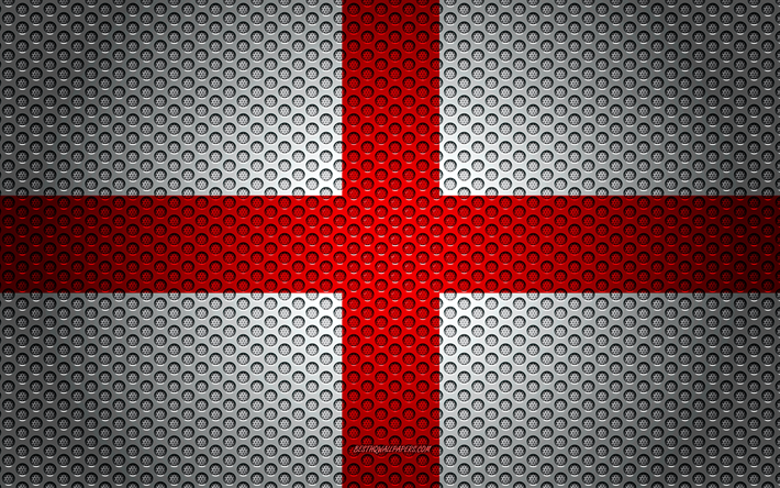 Flag of England, 4k, creative art, metal mesh texture, English flag, national symbol, England, Europe, flags of European countries