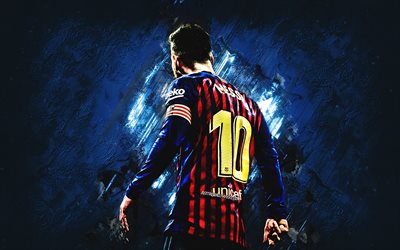 Messi, vue de dos, FCB, FC Barcelone, grunge, l&#39;argentin footballeurs, la pierre bleue, La Liga, Lionel Messi, Leo Messi, un but, un LaLiga, l&#39;Espagne, le Bar&#231;a, le football, les stars du football