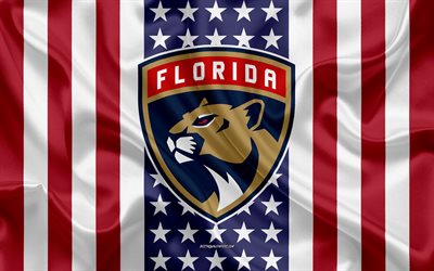 Florida Panthers, 4k, logo, tunnus, silkki tekstuuri, Amerikan lippu, American hockey club, NHL, Sunrise, Florida, USA, National Hockey League, ice hockey, silkki lippu