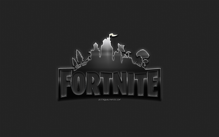 Fortnite, metall-logotyp, kreativ konst, metalln&#228;t bakgrund, emblem, Fortnite logotyp