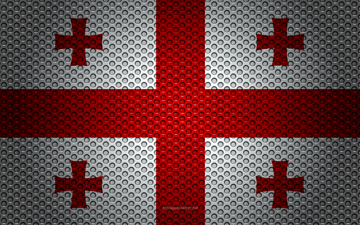 Flagga av Georgien, 4k, kreativ konst, metalln&#228;t konsistens, Georgiens flagga, nationell symbol, Georgien, Europa, flaggor f&#246;r Europeiska l&#228;nder